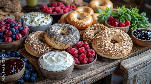 A variety of bagels arranged on a rustic wooden table, each topped with different seeds and grains, served with fresh fruit, cream cheese, and jam.