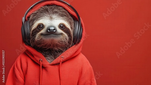 adorable sloth in a cozy red hoodie and headphones, exuding charm and playfulness, appealing to urban lifestyle themes. the relaxed expression captures the essence of a carefree, music-loving creature