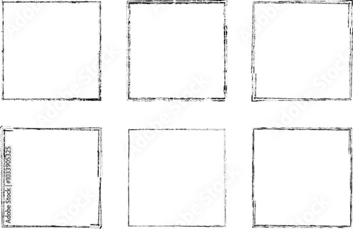 Set of vector border frames with rough edges . Square frame template collection . distress texture . Grunge tiny frame borders isolated on the background . Rough edges effect . Squares pack.