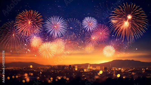 fireworks night sky with a city in the background