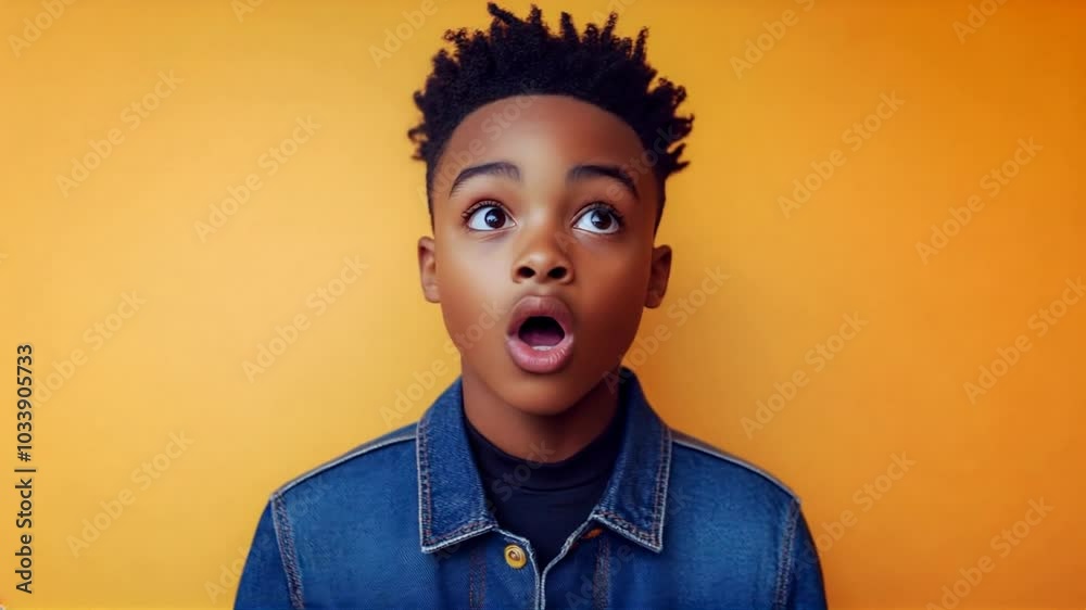 A young man with a surprised expression on his face. He is wearing a blue jacket and is standing in front of a yellow wall A young man with a surprised expression on his face. He is wearing a blue jacket and is standing in front of a yellow wall