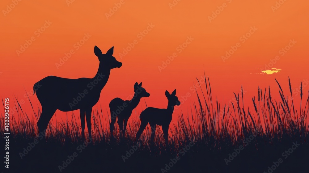 Silhouetted Deer Family at Sunset Silhouetted Deer Family at Sunset