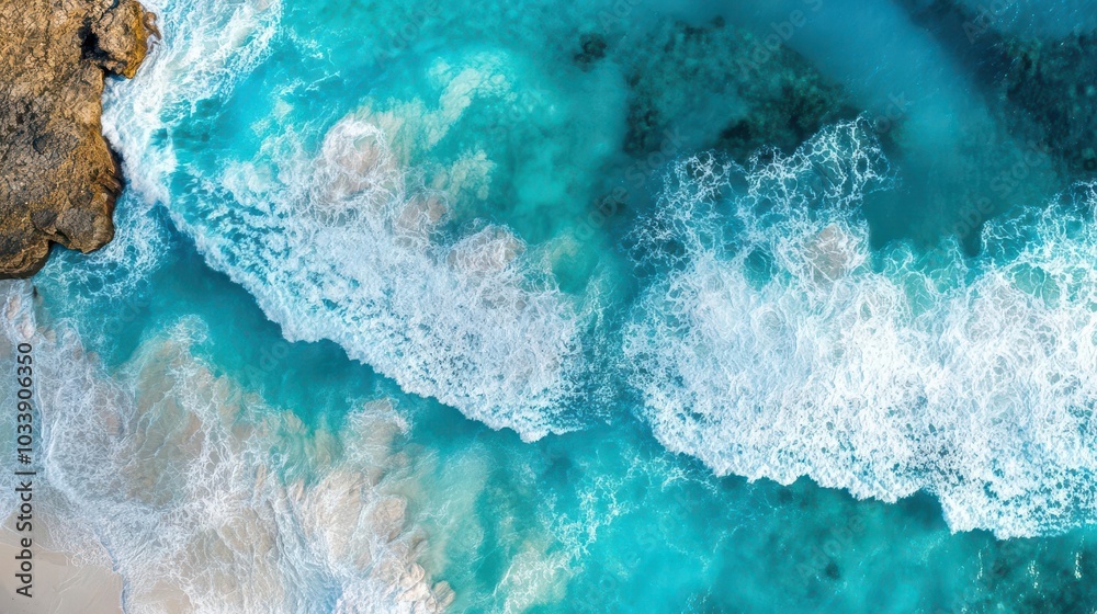 aerial view of crashing waves on a tropical shoreline, showcasing the vibrant blues and whites of the ocean surf in an abstract pattern aerial view of crashing waves on a tropical shoreline, showcasing the vibrant blues and whites of the ocean surf in an abstract pattern