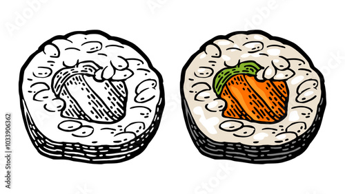 Sushi maki with nori and salmon. Top view. Isolated on white background. Vintage color vector engraving