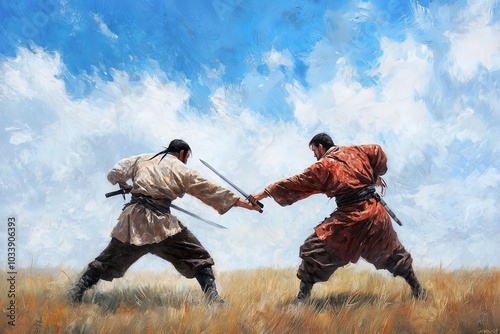 Cossack sword fighters dueling on the steppes, the wide open plains and cold, blue sky creating a dramatic, expansive backdrop photo