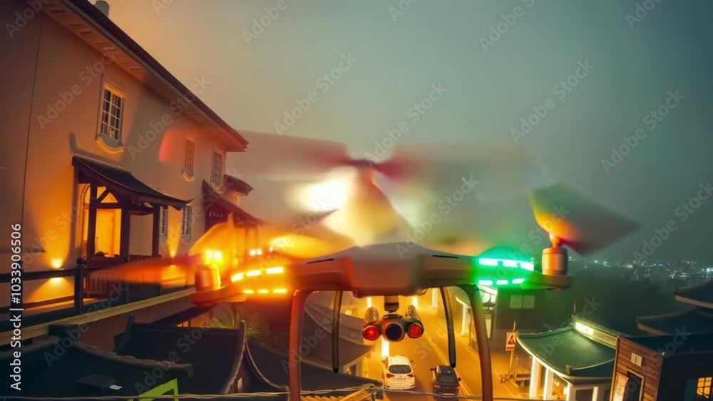 Hovering drone outside of apartment building in the city at night Hovering drone outside of apartment building in the city at night