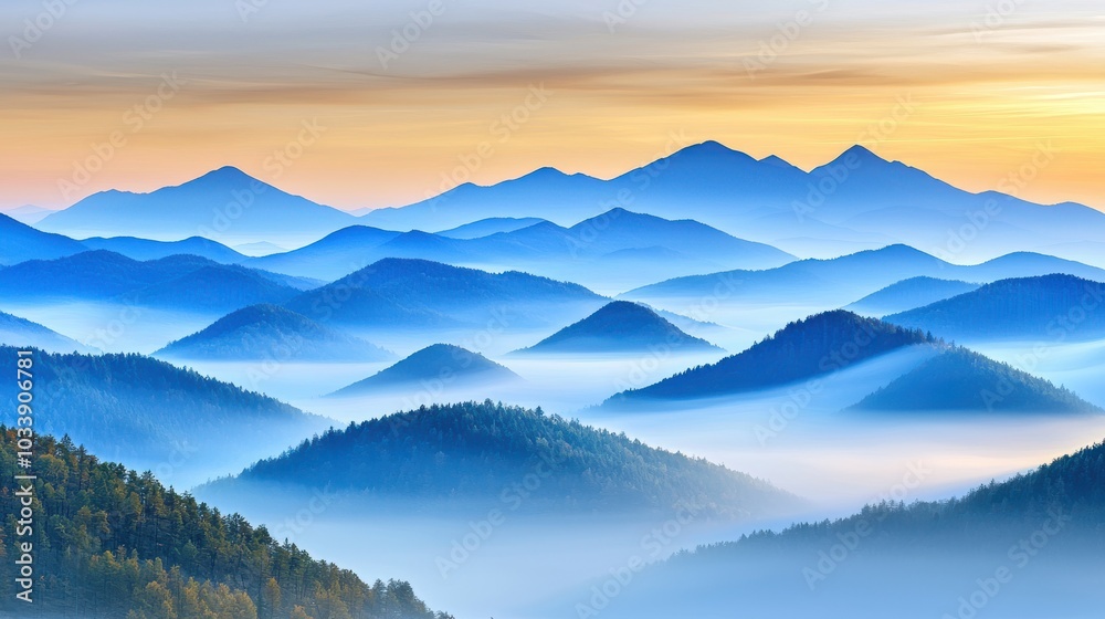 Obraz premium Serene Mountain Landscape Shrouded in Morning Mist