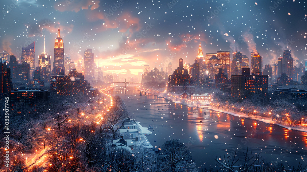Fototapeta premium New York City skyline sparkles as snow falls softly during twilight hours in winter