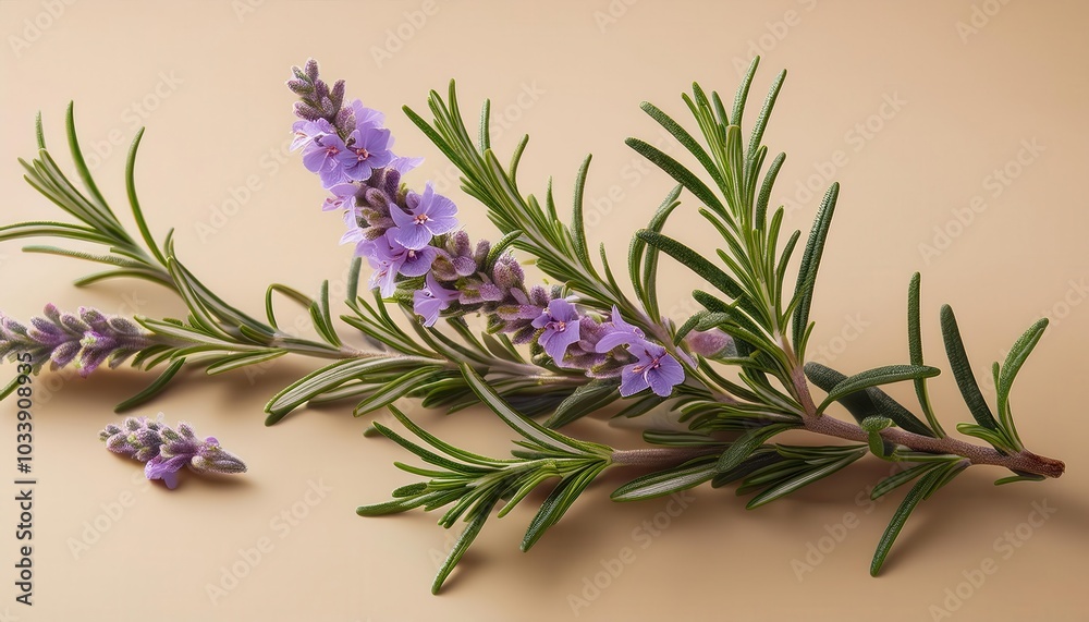 Fresh Rosemary Sprig with Delicate Purple Blossoms on Beige Background. Herbal Aromatic Plant for Cooking, Essential Oils, and Wellness, Capturing the Beauty of Natural Healing and Flavoring Herbs Fresh Rosemary Sprig with Delicate Purple Blossoms on Beige Background. Herbal Aromatic Plant for Cooking, Essential Oils, and Wellness, Capturing the Beauty of Natural Healing and Flavoring Herbs