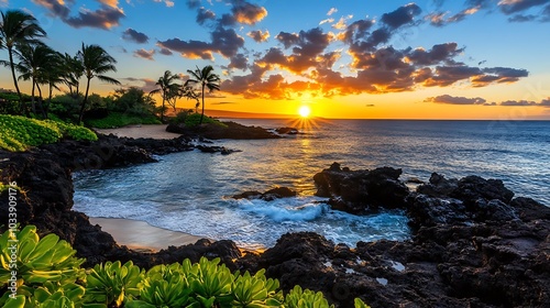 Tropical Sunset Over Ocean With Palm Trees and Rocky Coastline