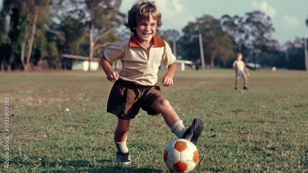 A Young Boy Smiling While Kicking a Soccer Ball: Capturing the Joy of Childhood and Playful Moments in Sports. A Young Boy Smiling While Kicking a Soccer Ball: Capturing the Joy of Childhood and Playful Moments in Sports.