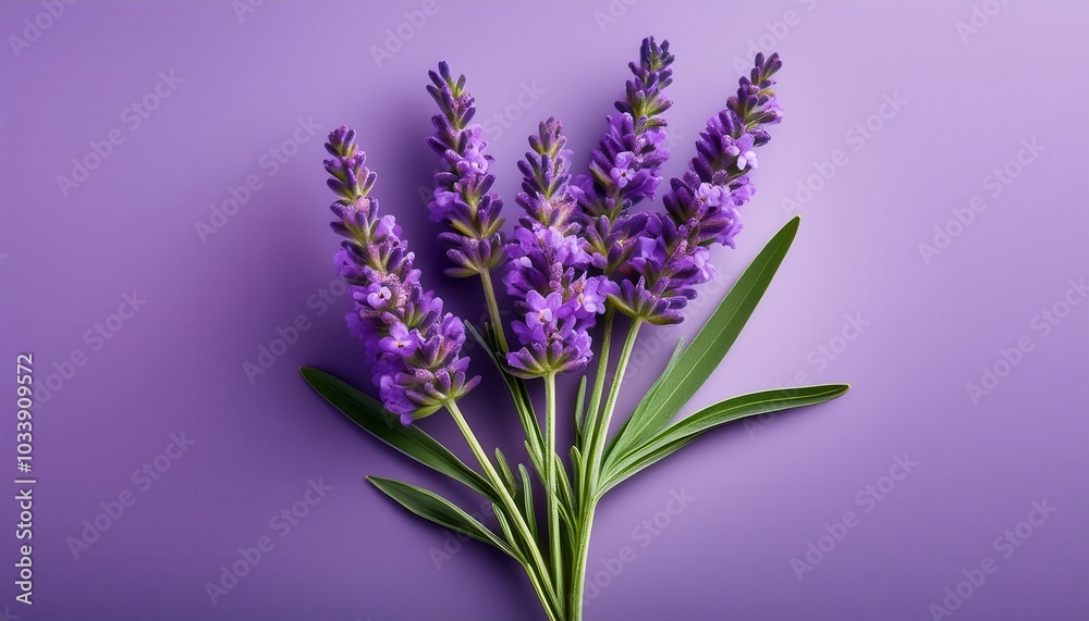 Fototapeta premium Close-Up of Vibrant Lavender Flower with Silvery Green Leaves on a Soft Purple Background. Ideal for Aromatherapy, Herbal Medicine, Spa Themes, and Natural Wellness Concepts