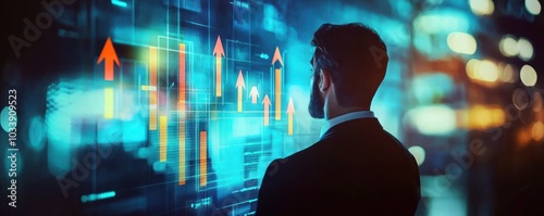 Homme d'affaires, vue de dos, analysant des graphiques financiers avec des flèches vers le haut sur un écran numérique, avec un arrière-plan de ville.