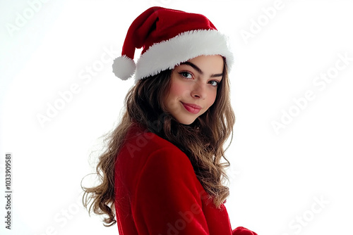 Beautiful girl in Christmas outfit on white background