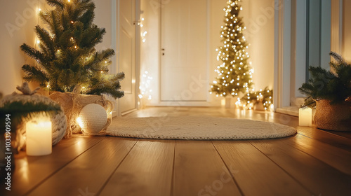 A narrow hallway of a small house with wooden floors and soft warm lighting, cozy rugs and simple decor