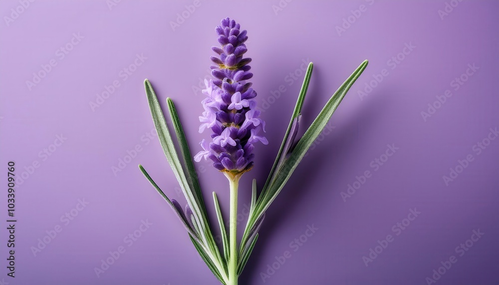 Obraz premium Close-Up of Vibrant Lavender Flower with Silvery Green Leaves on a Soft Purple Background. Ideal for Aromatherapy, Herbal Medicine, Spa Themes, and Natural Wellness Concepts