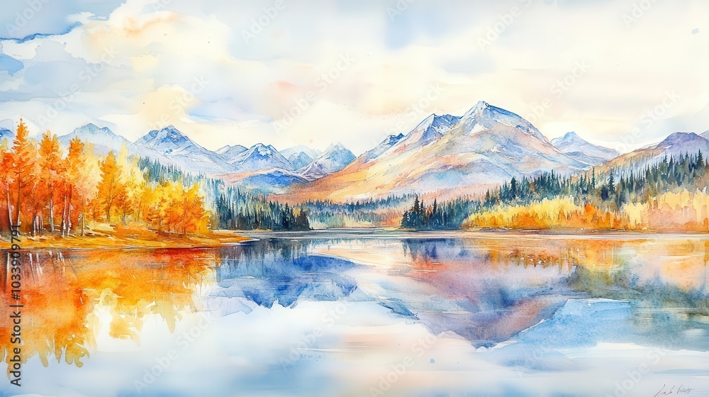 an autumn landscape is depicted in watercolor, showcasing mountains, forests, and a shimmering lake, capturing the essence of the changing seasons an autumn landscape is depicted in watercolor, showcasing mountains, forests, and a shimmering lake, capturing the essence of the changing seasons