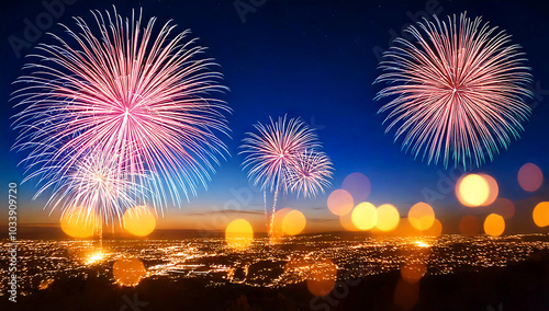 fireworks night sky with a city in the background photo