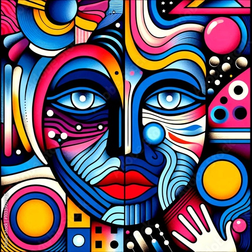 Strange woman's face, colorful art