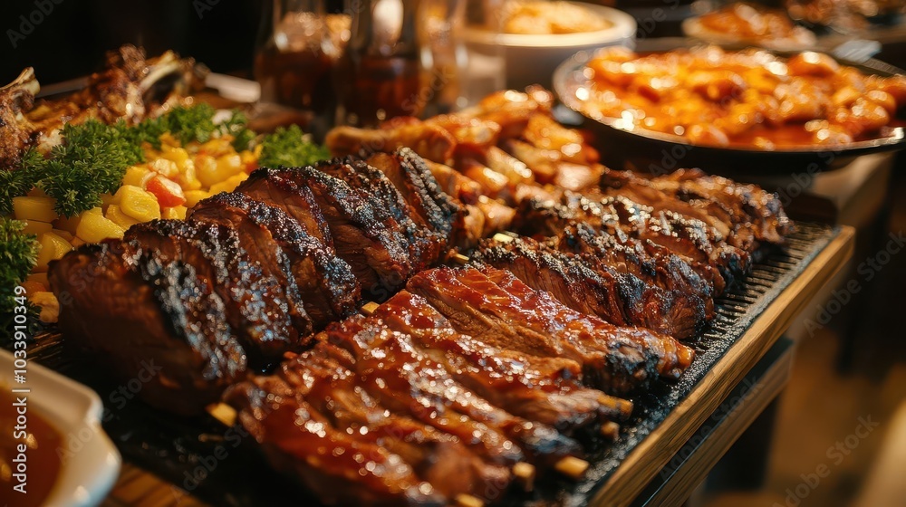 an elegant catering buffet set within a stylish restaurant, featuring an array of grilled meats artistically arranged, inviting guests to indulge in exquisite dining
