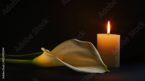 A white calla lily lying next to a burning candle on a black background. Symbol of mourning, grief, solemnity. photo