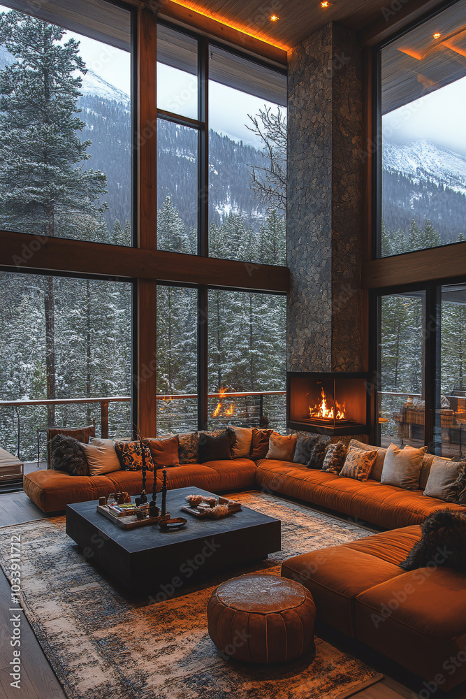 Fototapeta premium cozy warm home interior of a chic country chalet with a huge panoramic window overlooking the winter forest. open plan, wood decoration, warm colors and a family hearth. 