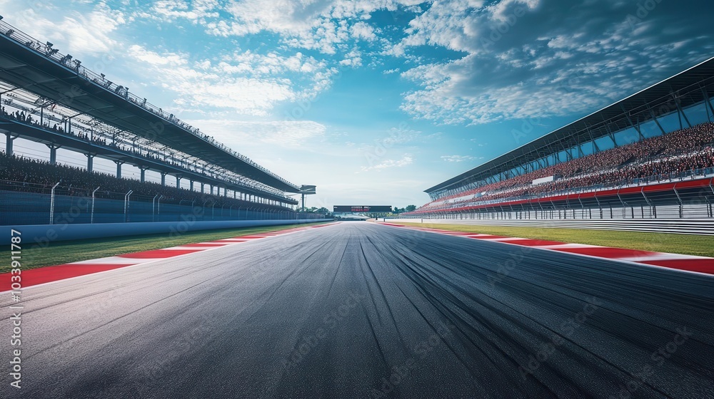 an expansive empty racing track stretching into the horizon, grandstands filled with virtual spectators, digitally enhanced atmosphere, capturing the thrill of the race an expansive empty racing track stretching into the horizon, grandstands filled with virtual spectators, digitally enhanced atmosphere, capturing the thrill of the race