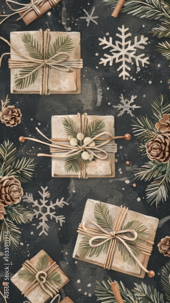 Festive gifts and snowflakes adorned background Festive gifts and snowflakes adorned background