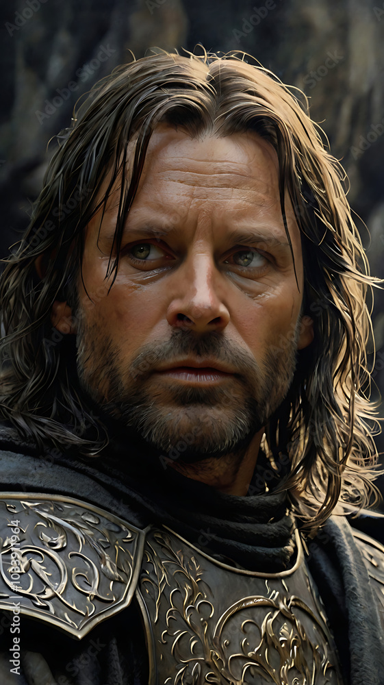 A rugged, battle-hardened warrior with long, windswept hair and a pensive, intense expression, captured in a dramatic fantasy-inspired portrait. A rugged, battle-hardened warrior with long, windswept hair and a pensive, intense expression, captured in a dramatic fantasy-inspired portrait.