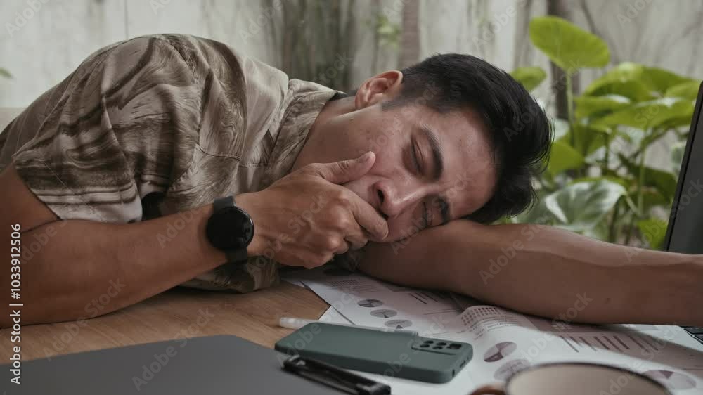 Medium close up of nonproductive Asian man in casualwear sleeping on desk while working on laptop and smartphone filling report at home office