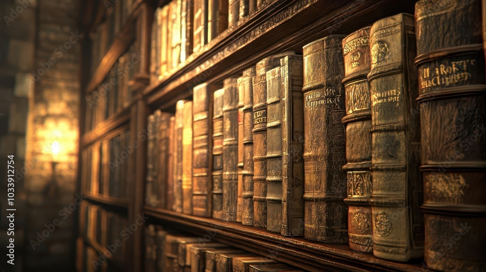 Obraz premium ancient library wall filled with a treasure trove of old books and manuscripts, their worn spines telling stories of history, illuminated by soft, warm lighting