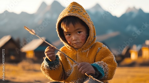 Young child in traditional attire holding an arrow in nature