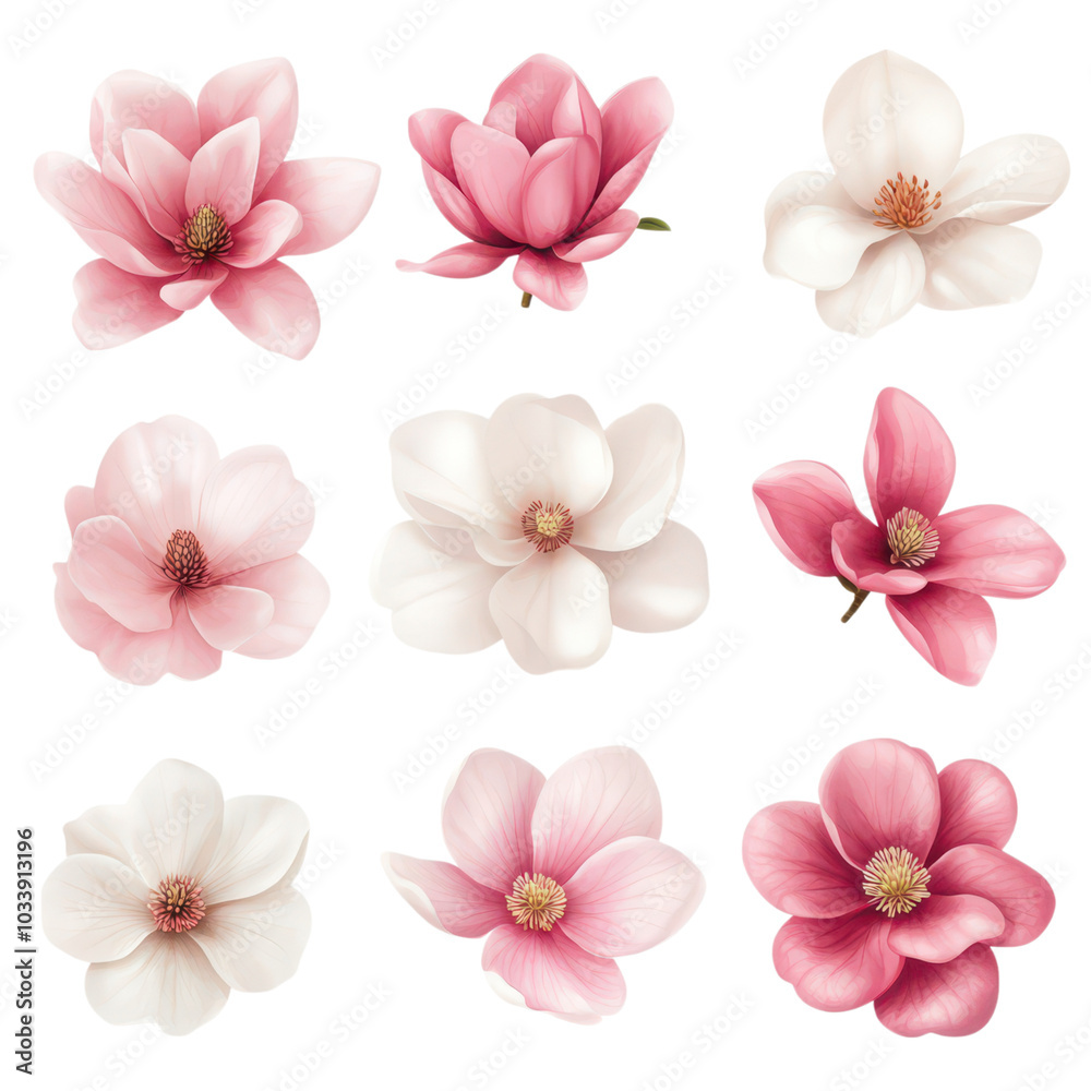 Elegant set of soft pink and white magnolia flowers in full bloom, showcasing nature's delicate beauty. Elegant set of soft pink and white magnolia flowers in full bloom, showcasing nature's delicate beauty.