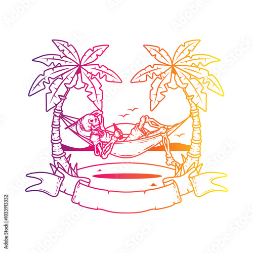 Original vector illustration. Skeleton on the beach in a hammock with the sea in the background.