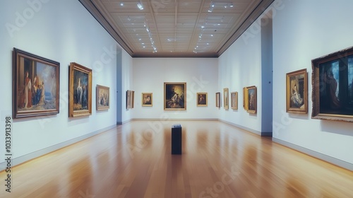 art-filled museum interior  showcasing diverse artworks on pristine walls. soft lighting enhances the beauty of the pieces  creating a serene and inspiring atmosphere for visitors