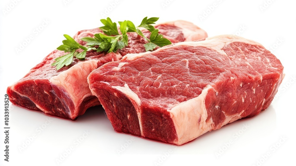 artful presentation of raw meat, specifically beef, isolated on a pristine white background, showcasing texture and quality, perfect for culinary advertising or butchery representation artful presentation of raw meat, specifically beef, isolated on a pristine white background, showcasing texture and quality, perfect for culinary advertising or butchery representation