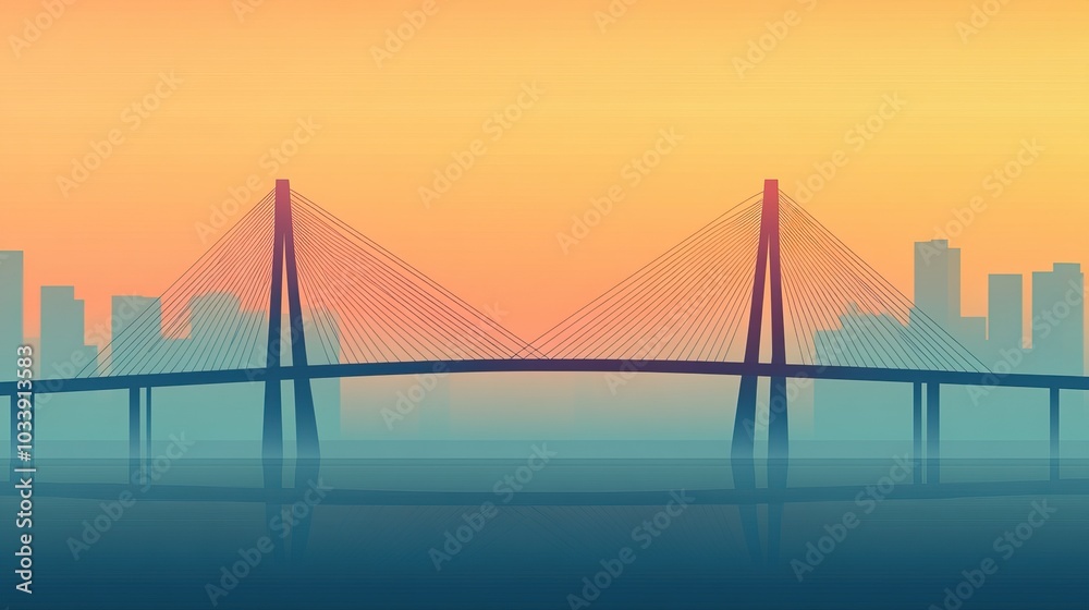 Fototapeta premium A stunning silhouette of a bridge against a vibrant sunset sky, creating a dramatic cityscape view.