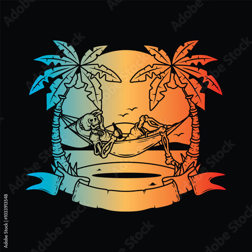 Original vector illustration. Skeleton on the beach in a hammock with the sea in the background.