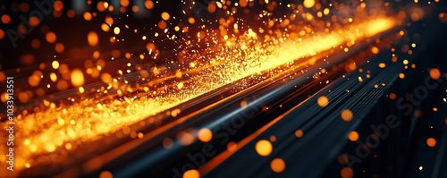 A stunning visual of glowing sparks and particles during a metalworking process, capturing energy and motion. photo