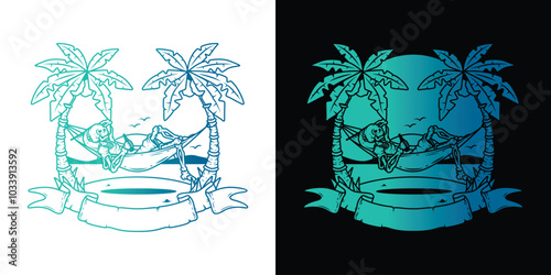 Original vector illustration. Skeleton on the beach in a hammock with the sea in the background.