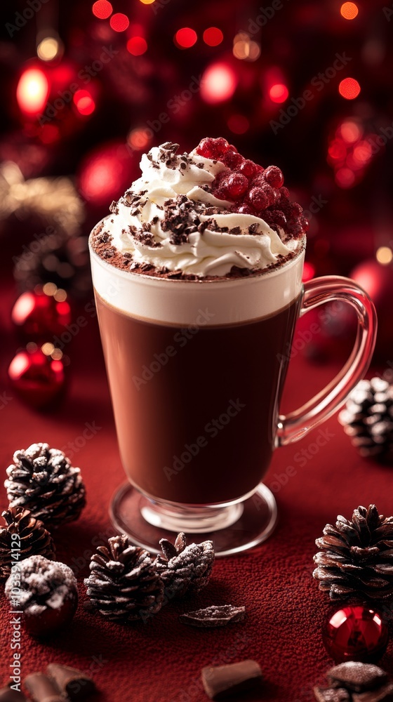 hot chocolate on a red table decorated for Christmas, ai generated hot chocolate on a red table decorated for Christmas, ai generated