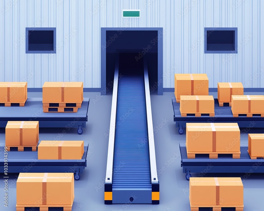 Conveyor belt in a warehouse with stacked cardboard boxes ready for shipping. Conveyor belt in a warehouse with stacked cardboard boxes ready for shipping.