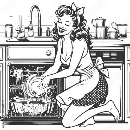 cheerful housewife washing dishes in kitchen, classic domestic life with a playful, nostalgic vibe sketch engraving generative ai vector illustration. Scratch board imitation. Black and white image.