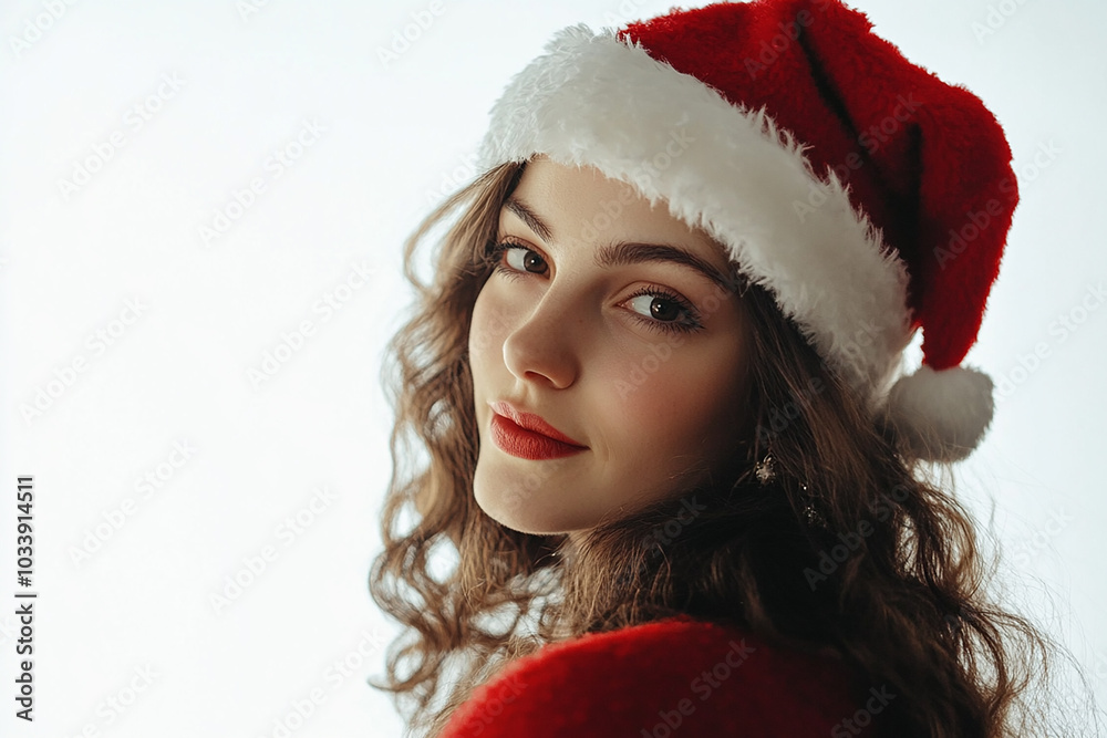 Beautiful girl in Christmas outfit on white background