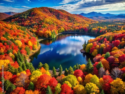 Aerial View of Vibrant Autumn Forest Surrounding a Serene Mountain Lake