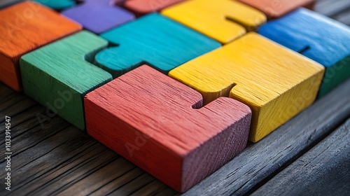 Close-up of a wooden puzzle toy with bright colors, laid out on a clean wooden table photo