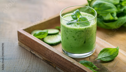 Glass of healthy and tasty detox drink with cucumber and basil leaves. Delicious smoothie