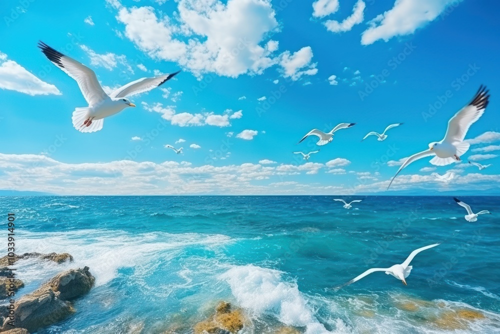 Fototapeta premium Seagulls flying in tropical colorful blue sky ocean outdoors.