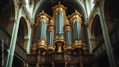 majestic pipe organ with ornate pipes and a grand, reverberating sound