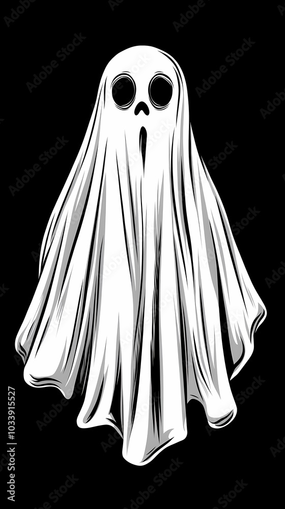 A ghost figure draped in a flowing white sheet against a dark background. A ghost figure draped in a flowing white sheet against a dark background.